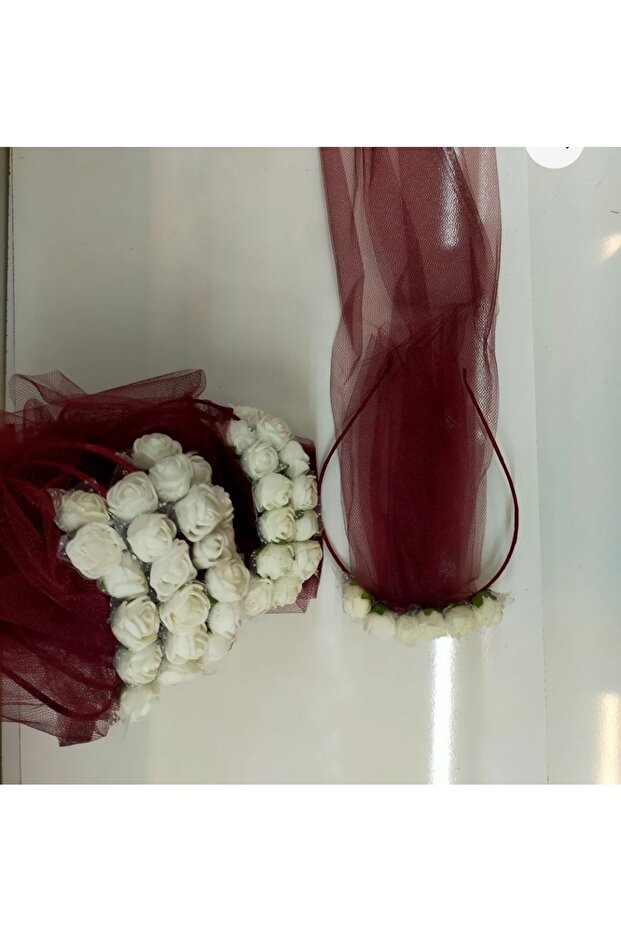 Bordo Tül Çiçek Süslemeli Nedime Tacı