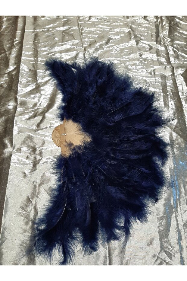 Lacivert Tüylü Ahşap Yelpaze