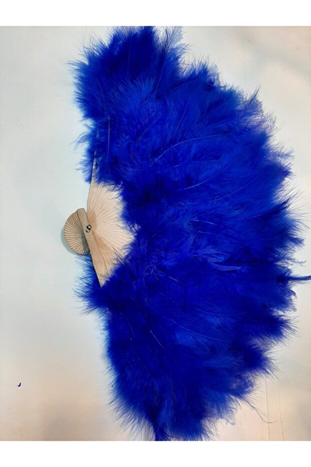 Mavi Tüylü Ahşap Yelpaze